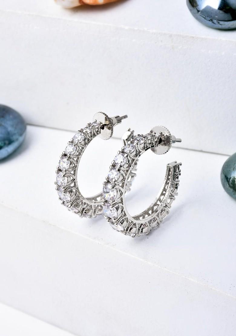 Silver Rhodium Plated Rhodium Plated Artificial Stones Studded Circular Shaped Half Hoop Earrings
