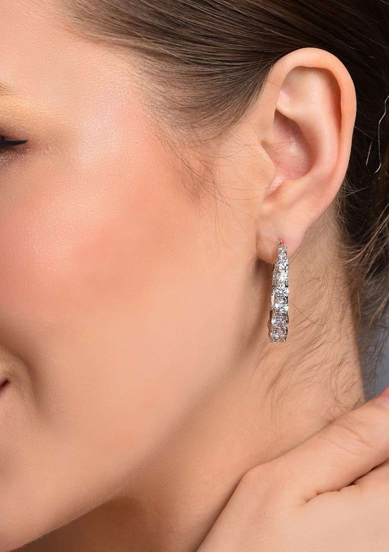 Silver Rhodium Plated Rhodium Plated Artificial Stones Studded Circular Shaped Half Hoop Earrings - Indya