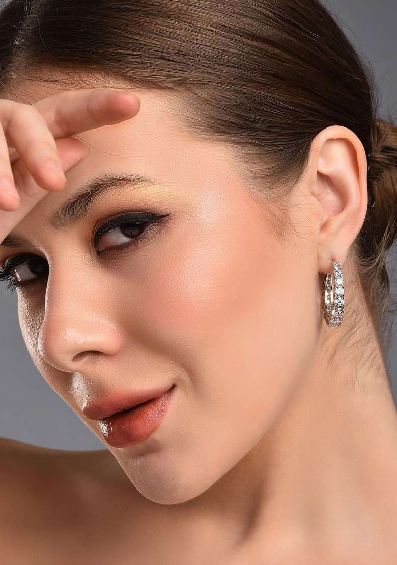 Silver Rhodium Plated Rhodium Plated Artificial Stones Studded Circular Shaped Half Hoop Earrings - Indya