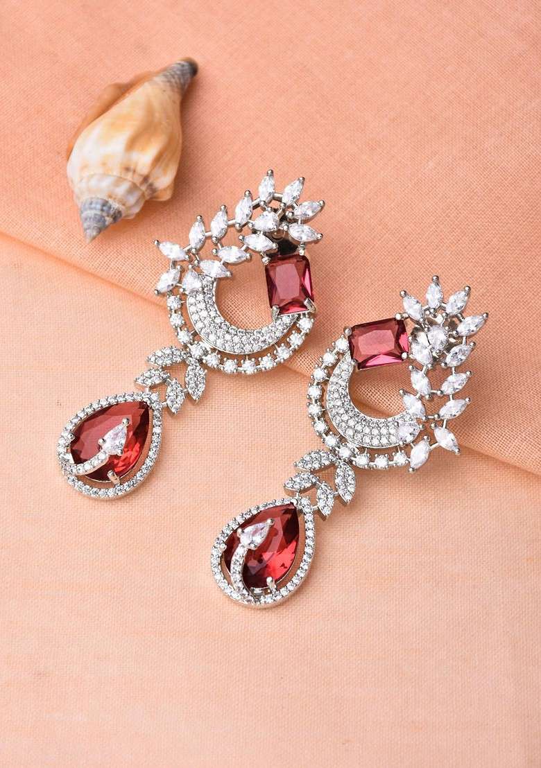 Silver Rhodium Plated Rhodium Plated Cubic Zirconia Leaf Shaped Drop Earrings - Indya