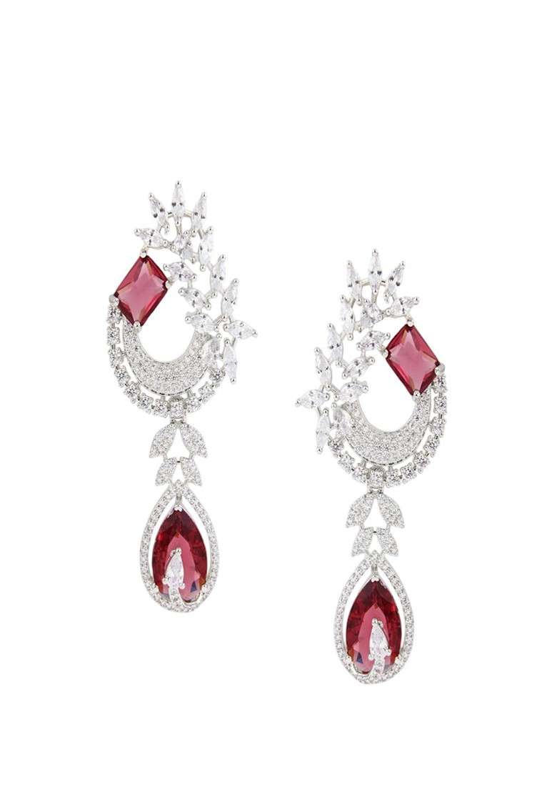 Silver Rhodium Plated Rhodium Plated Cubic Zirconia Leaf Shaped Drop Earrings - Indya
