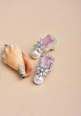 Pink Rhodium Plated Rhodium Plated Sapphire Square Stud Earrings