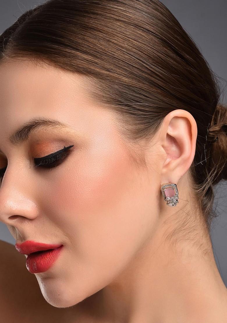 Pink Rhodium Plated Rhodium Plated Sapphire Square Stud Earrings