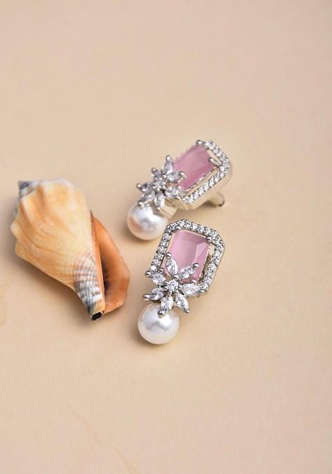 Pink Rhodium Plated Rhodium Plated Sapphire Square Stud Earrings