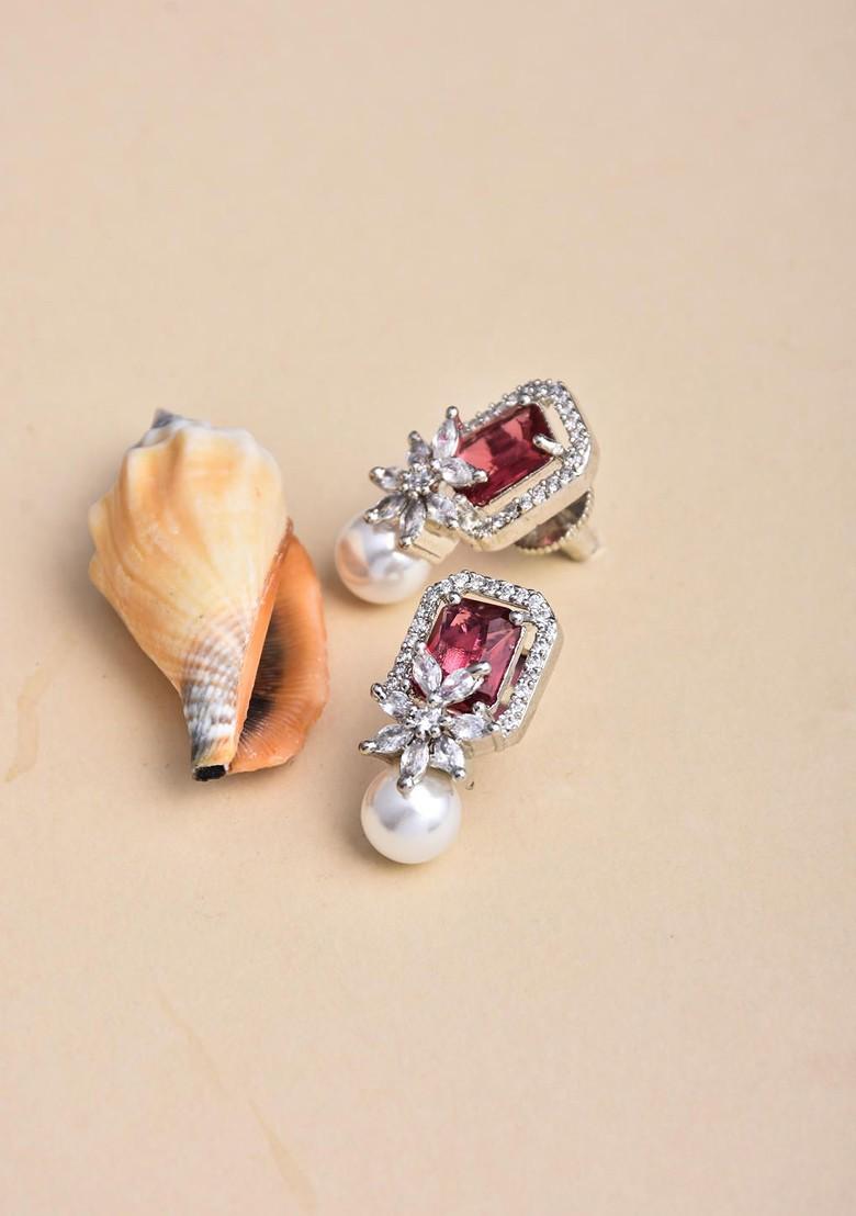 Silver Rhodium Plated Rhodium Plated Stones Studdedand Pearls Square Shaped Drop Earrings
