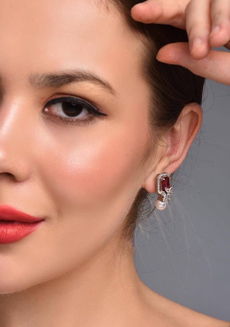 Silver Rhodium Plated Rhodium Plated Stones Studdedand Pearls Square Shaped Drop Earrings