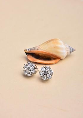 Silver Rhodium Plated Rhodium Plated Artificial Stones Studded Floral Shaped Studs Earrings
