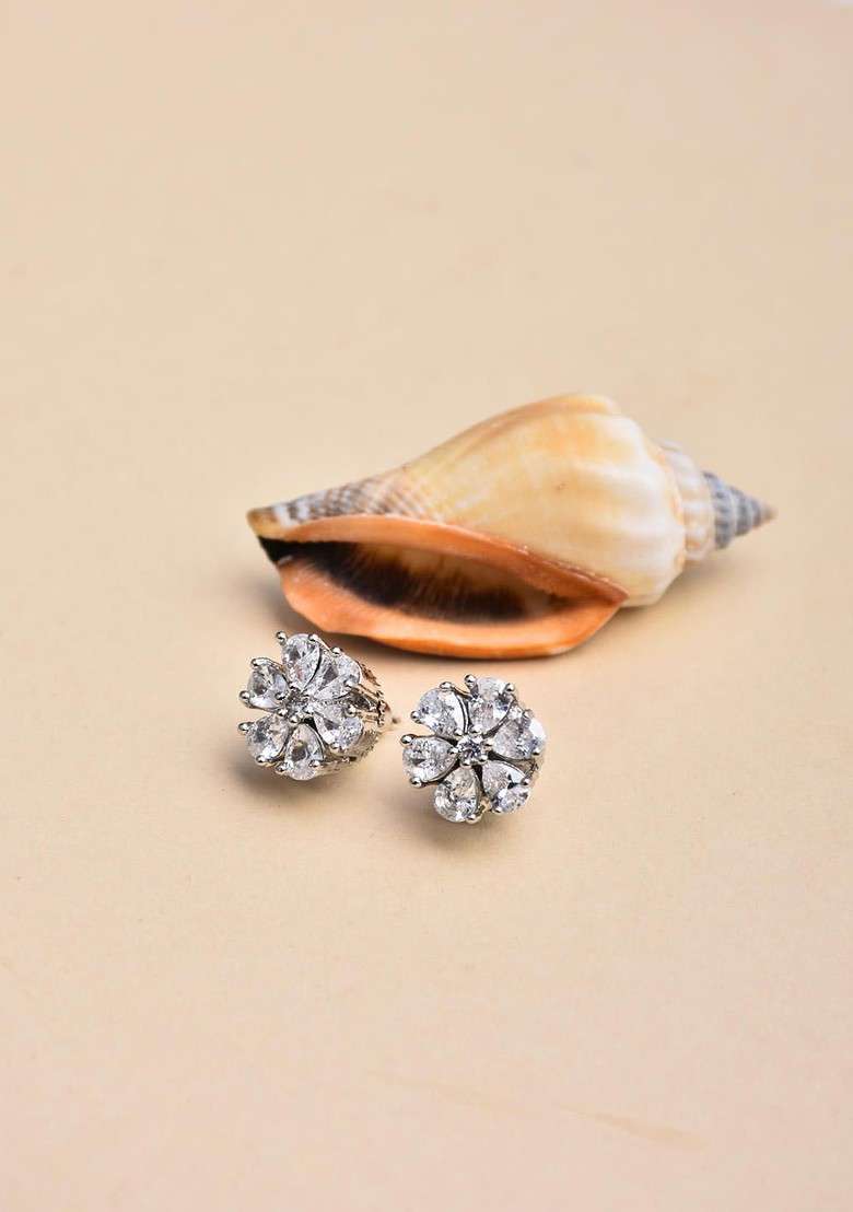 Silver Rhodium Plated Rhodium Plated Artificial Stones Studded Floral Shaped Studs Earrings - Indya