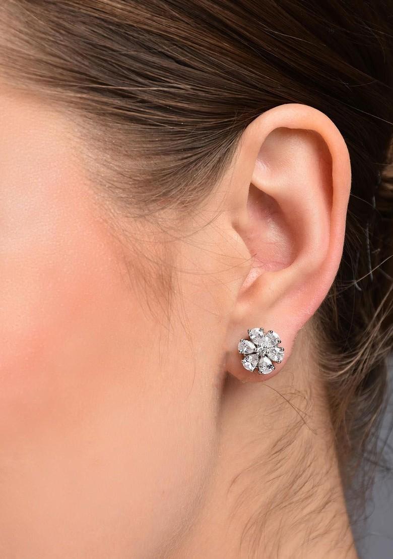 Silver Rhodium Plated Rhodium Plated Artificial Stones Studded Floral Shaped Studs Earrings