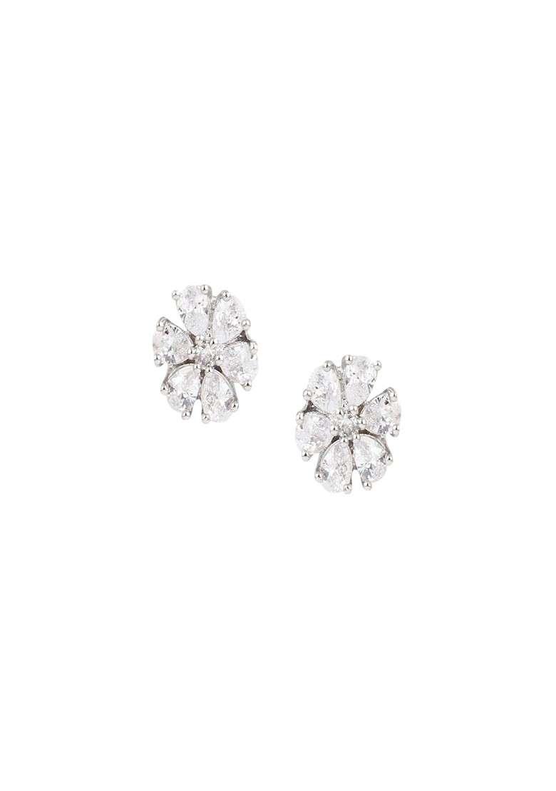 Silver Rhodium Plated Rhodium Plated Artificial Stones Studded Floral Shaped Studs Earrings - Indya