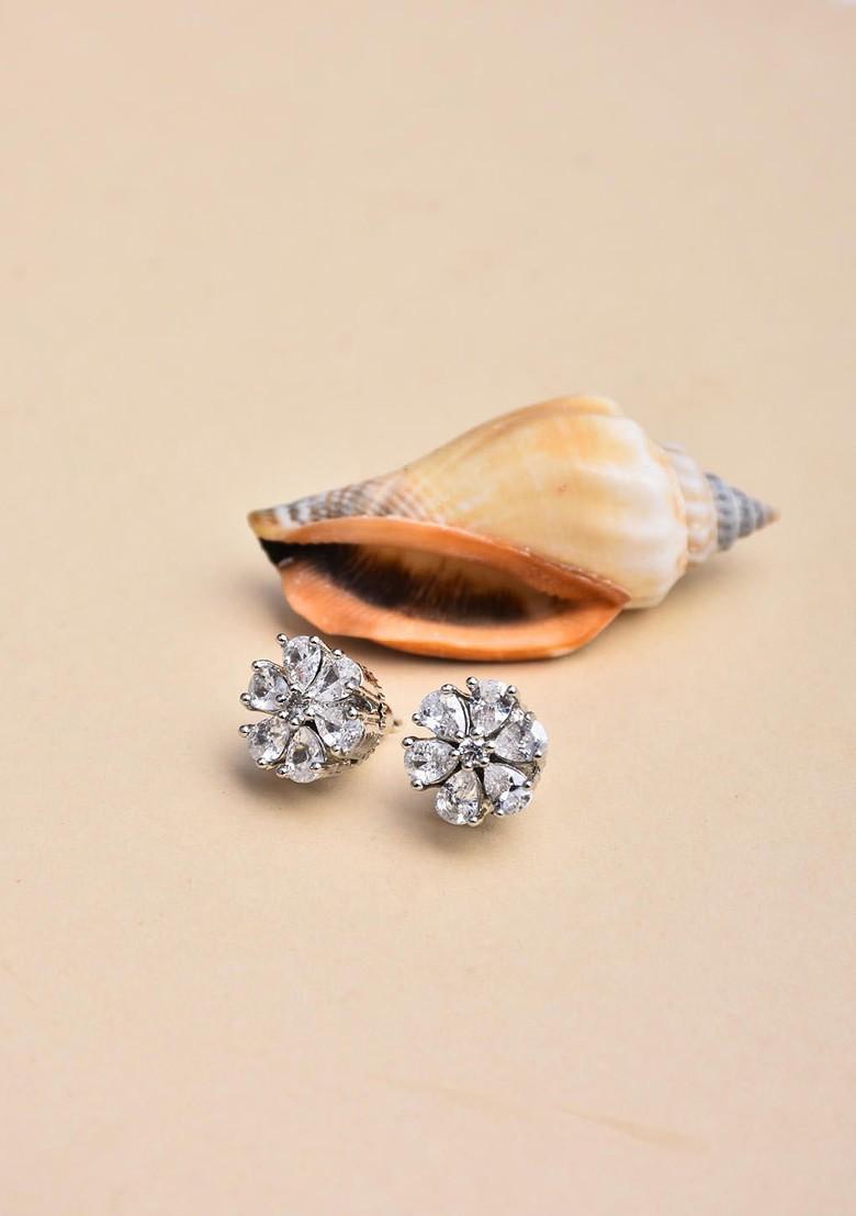 Silver Rhodium Plated Rhodium Plated Artificial Stones Studded Floral Shaped Studs Earrings