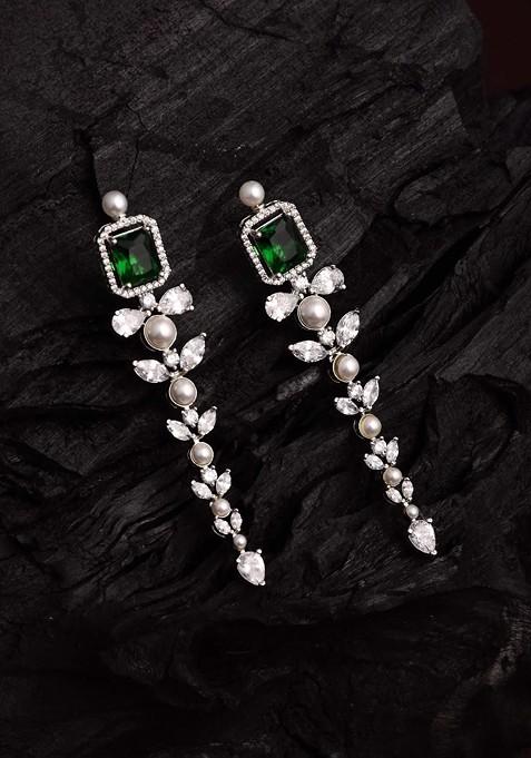 White Rhodium Plated Rhodium Plated Pearls Leaf Shaped Drop Earrings