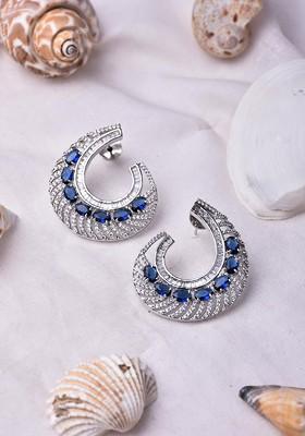 Silver Rhodium Plated Rhodium Plated Cubic Zirconia Studded Crescent Shaped Drop Earrings