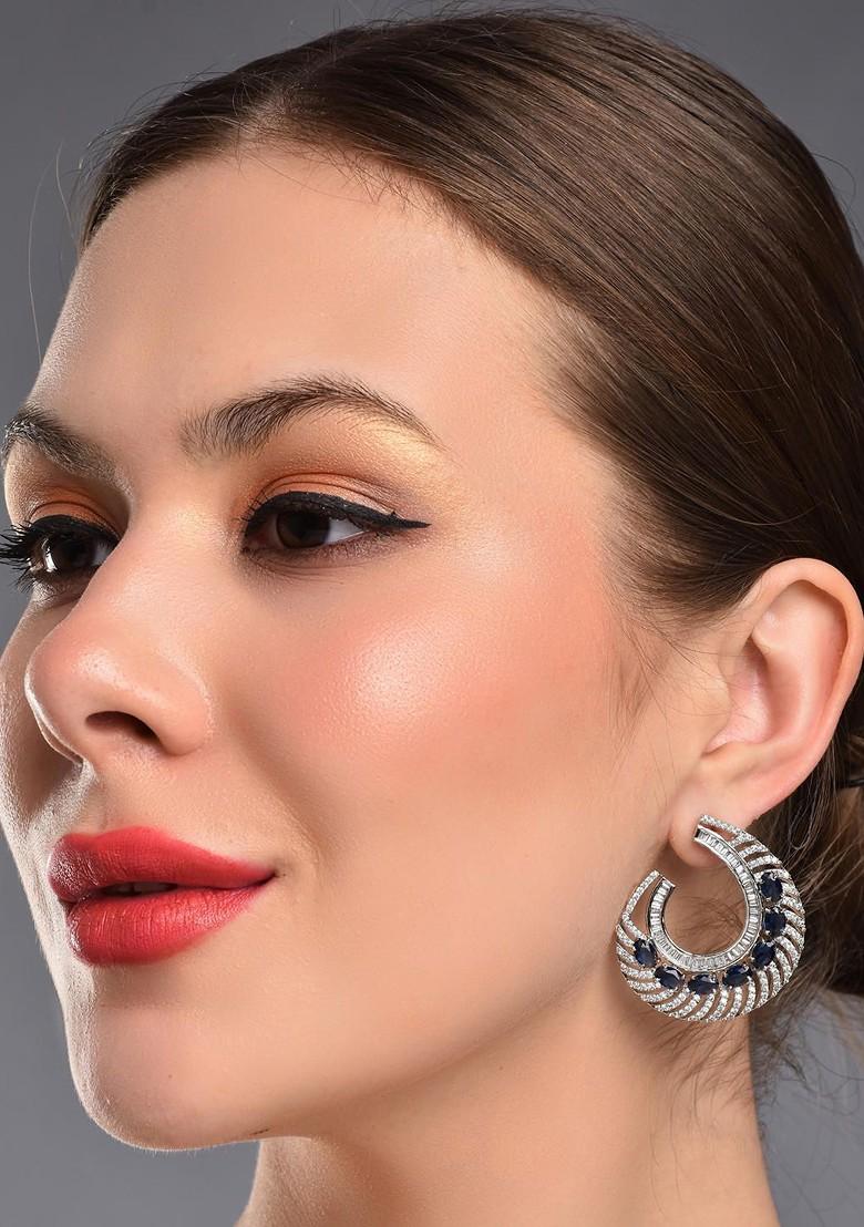 Silver Rhodium Plated Rhodium Plated Cubic Zirconia Studded Crescent Shaped Drop Earrings