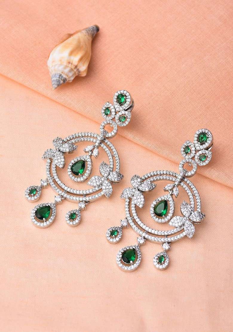 Silver Rhodium Plated Rhodium Plated Cubic Zirconia Circular Drop Earrings - Indya