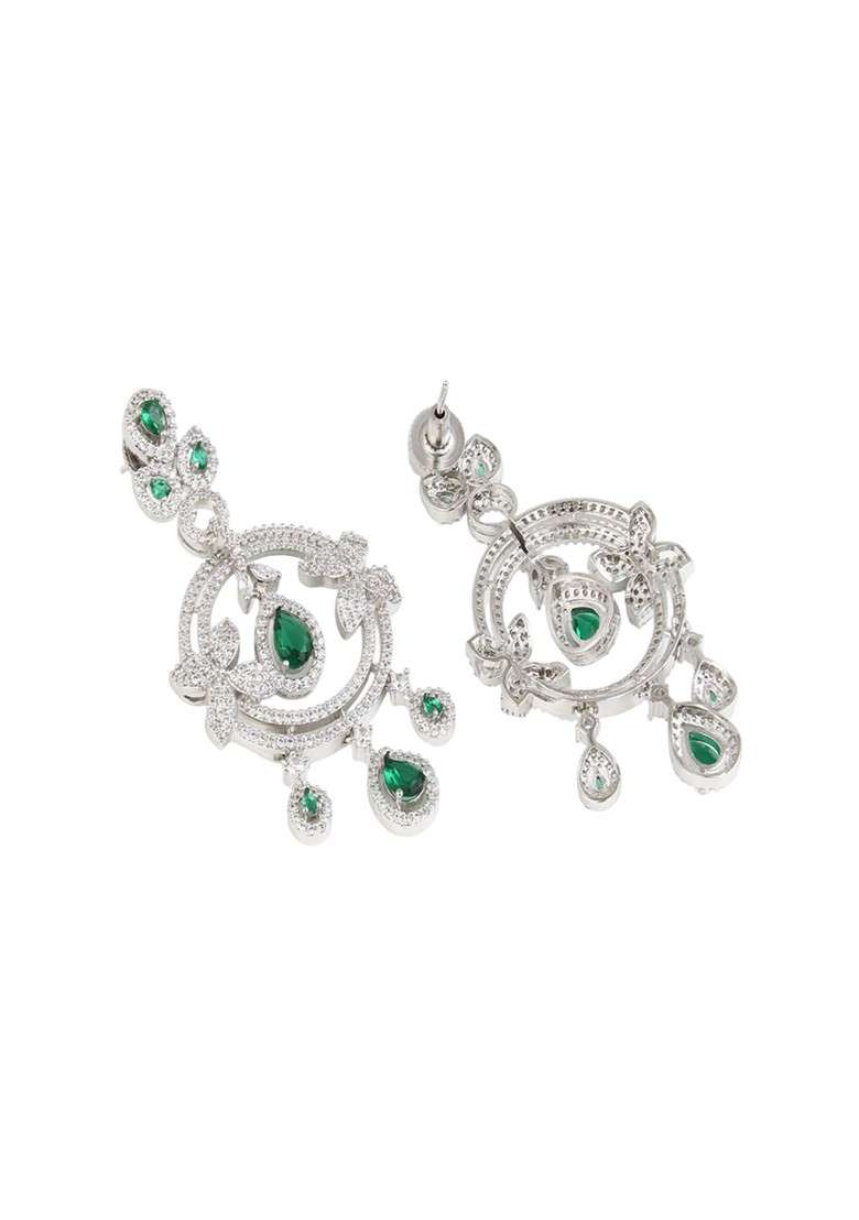 Silver Rhodium Plated Rhodium Plated Cubic Zirconia Circular Drop Earrings - Indya