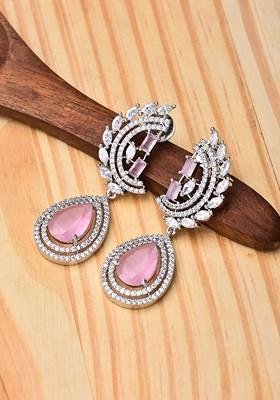 Silver Rhodium Plated Rhodium Plated Cubic Zirconia Stones Studded Crescent Shaped Drop Earrings