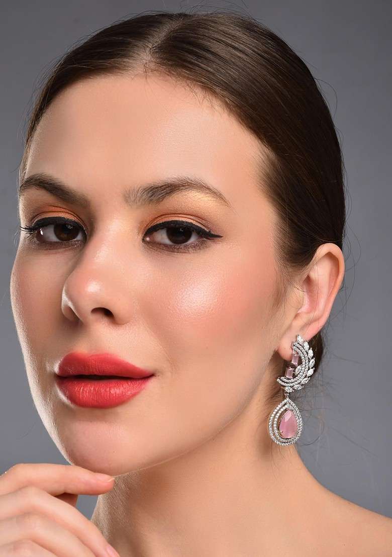 Silver Rhodium Plated Rhodium Plated Cubic Zirconia Stones Studded Crescent Shaped Drop Earrings - Indya
