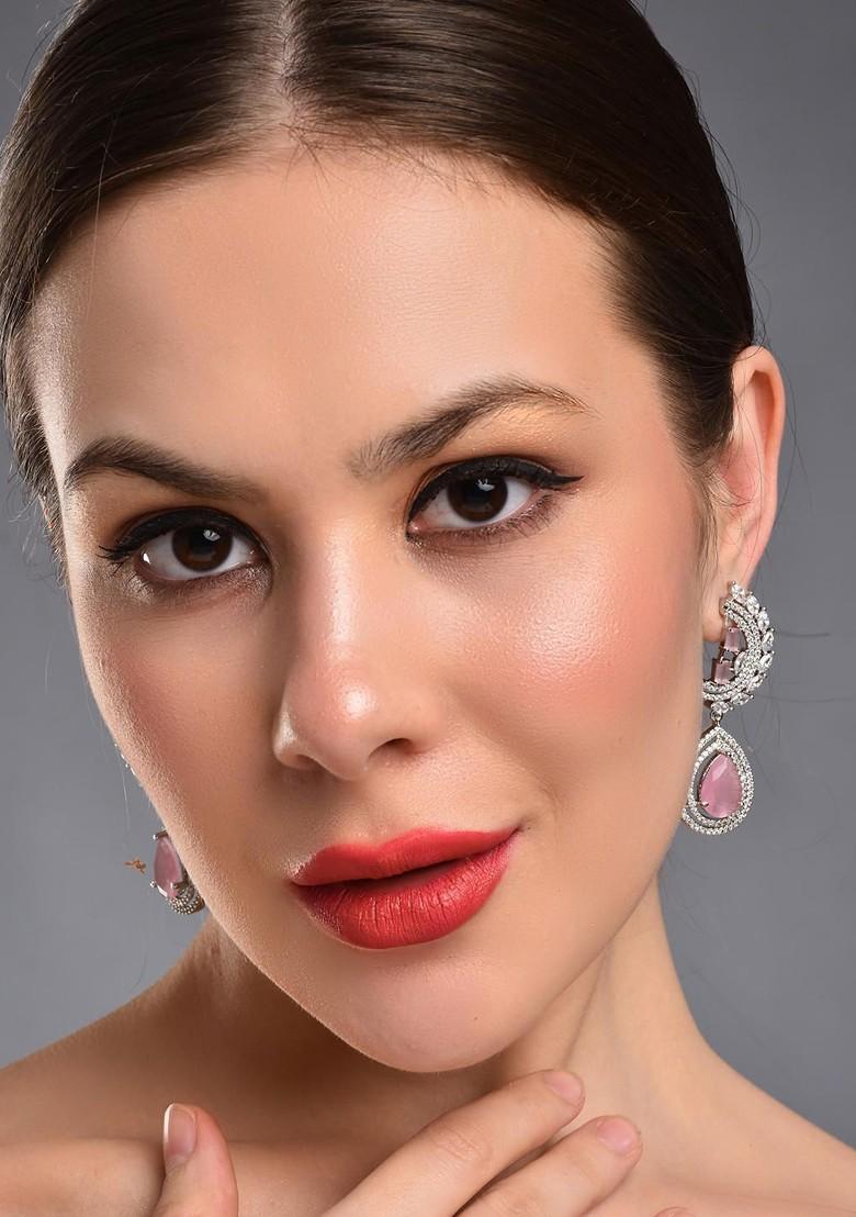 Silver Rhodium Plated Rhodium Plated Cubic Zirconia Stones Studded Crescent Shaped Drop Earrings