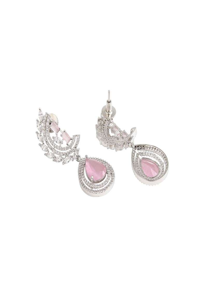 Silver Rhodium Plated Rhodium Plated Cubic Zirconia Stones Studded Crescent Shaped Drop Earrings - Indya