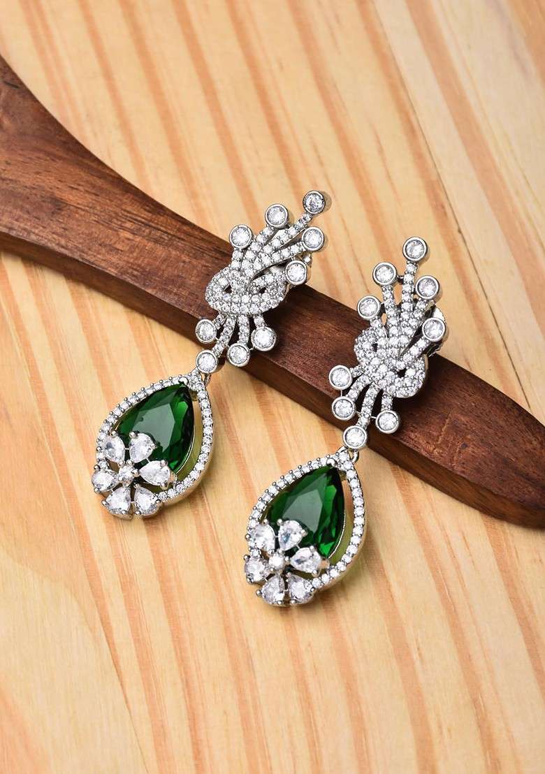 Silver Rhodium Plated Rhodium Plated Cubic Zirconia Studded Leaf Shaped Drop Earrings - Indya