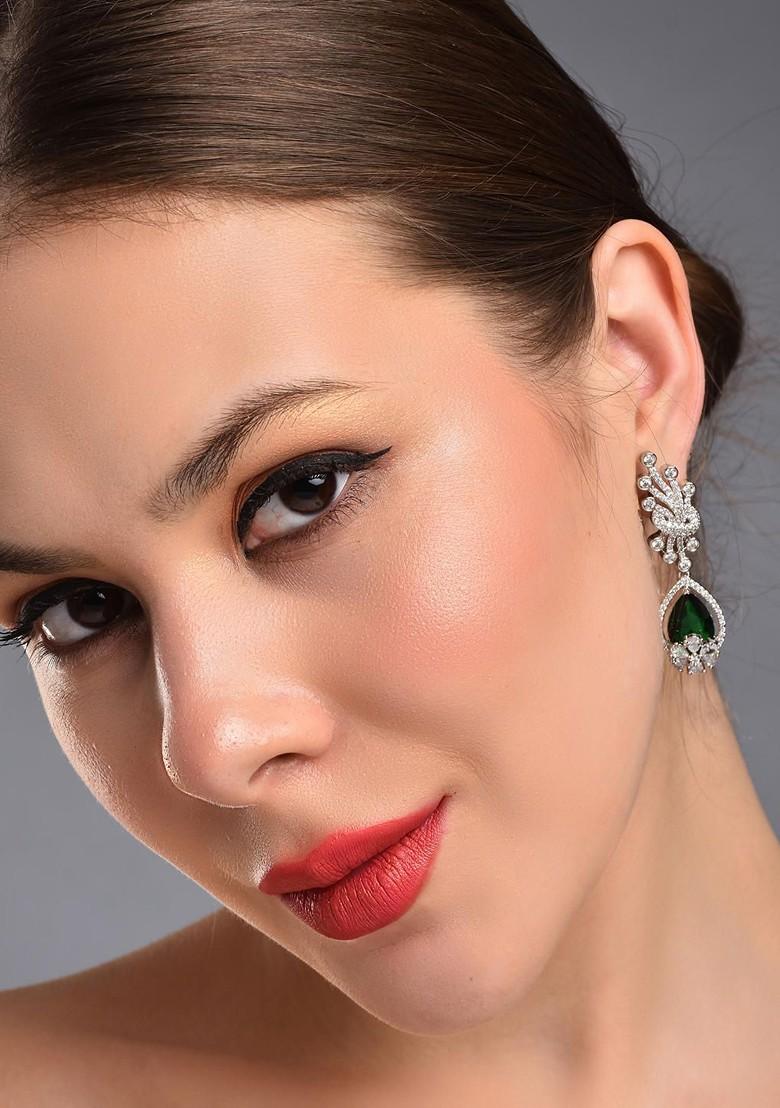 Silver Rhodium Plated Rhodium Plated Cubic Zirconia Studded Leaf Shaped Drop Earrings