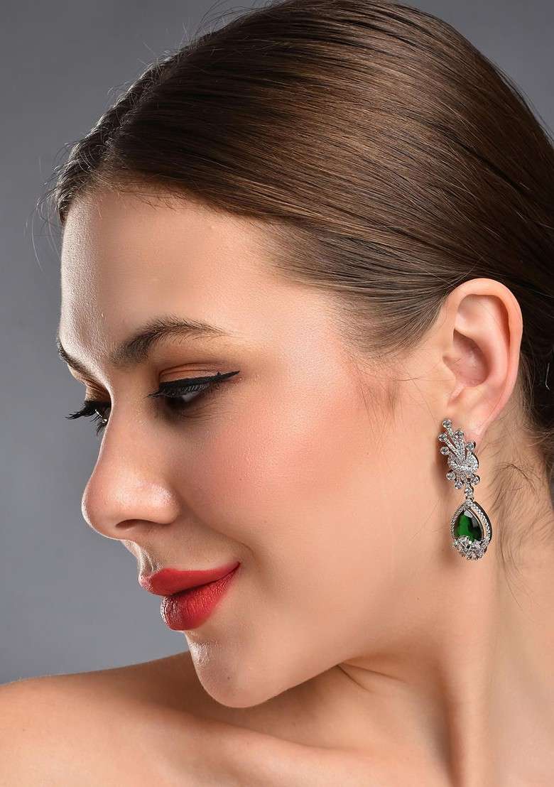 Silver Rhodium Plated Rhodium Plated Cubic Zirconia Studded Leaf Shaped Drop Earrings - Indya