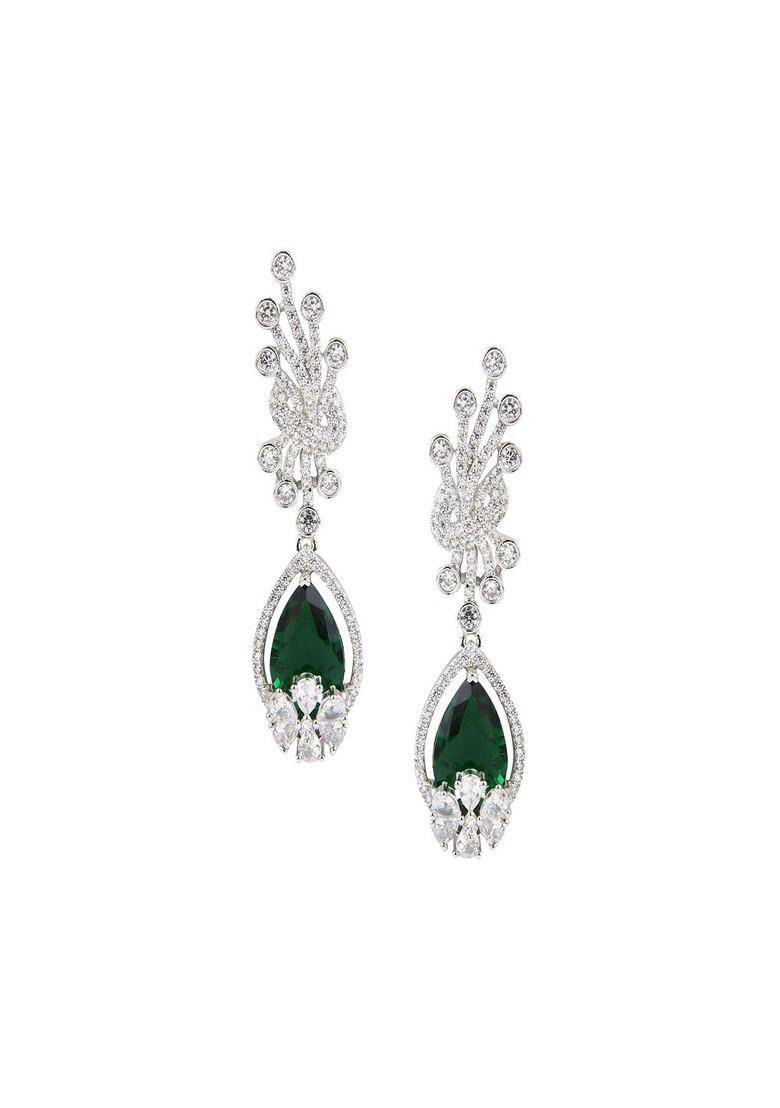 Silver Rhodium Plated Rhodium Plated Cubic Zirconia Studded Leaf Shaped Drop Earrings