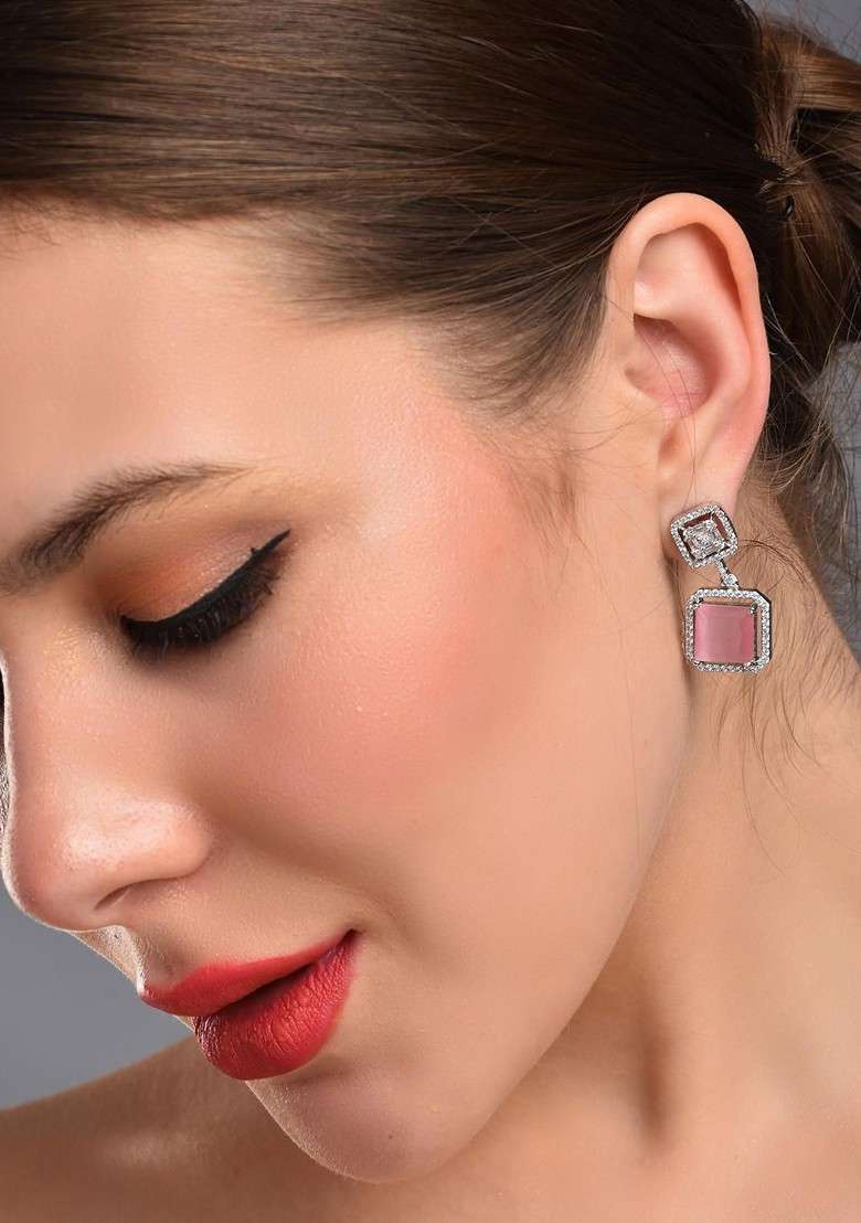 Pink Rhodium Plated Rhodium Plated Cubic Zirconia Geometric Drop Earrings - Indya