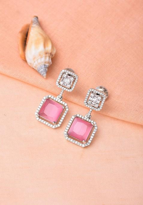 Pink Rhodium Plated Rhodium Plated Cubic Zirconia Geometric Drop Earrings