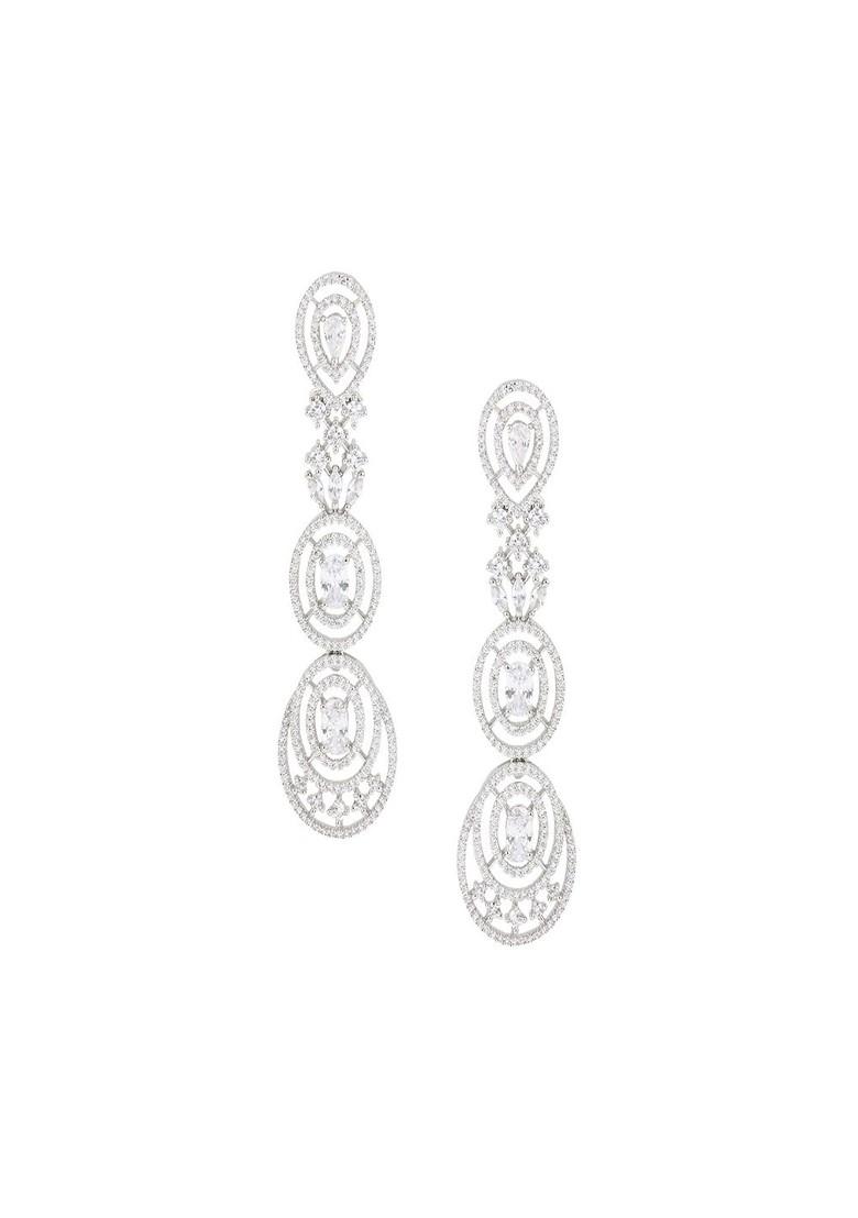 Silver Rhodium Plated Rhodium Plated Cz Studded Luminous Layers Spherical Shaped Drop Earrings