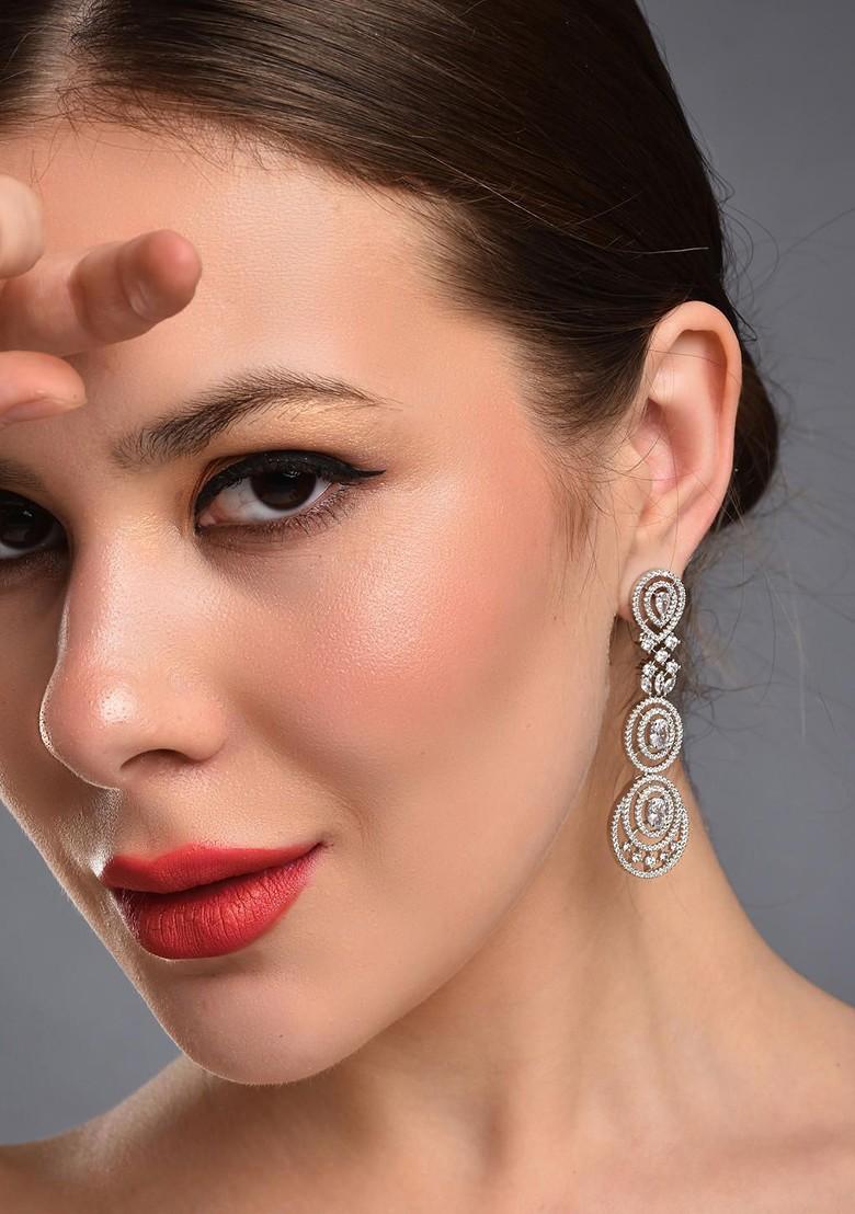 Silver Rhodium Plated Rhodium Plated Cz Studded Luminous Layers Spherical Shaped Drop Earrings