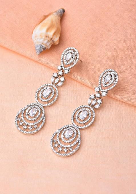 Silver Rhodium Plated Rhodium Plated Cz Studded Luminous Layers Spherical Shaped Drop Earrings