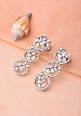 Silver Rhodium Plated Rhodium Plated Artificial Stones Studded Circular Shaped Drop Earrings