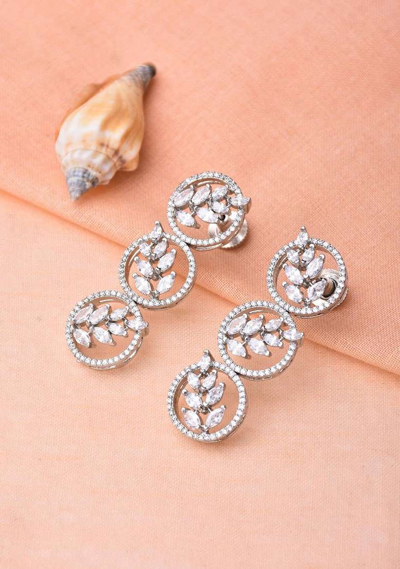 Silver Rhodium Plated Rhodium Plated Artificial Stones Studded Circular Shaped Drop Earrings - Indya