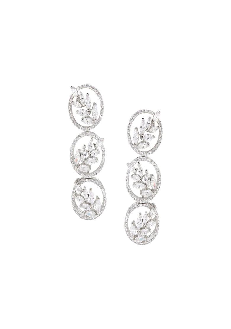 Silver Rhodium Plated Rhodium Plated Artificial Stones Studded Circular Shaped Drop Earrings