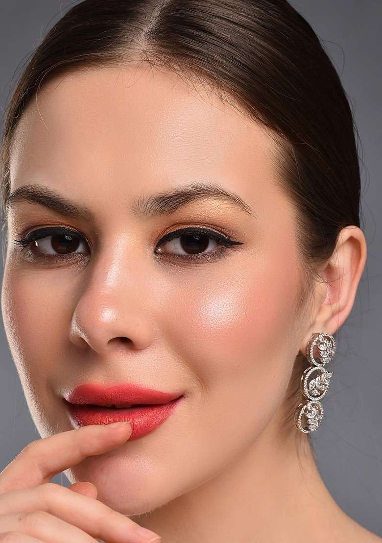 Silver Rhodium Plated Rhodium Plated Artificial Stones Studded Circular Shaped Drop Earrings - Indya
