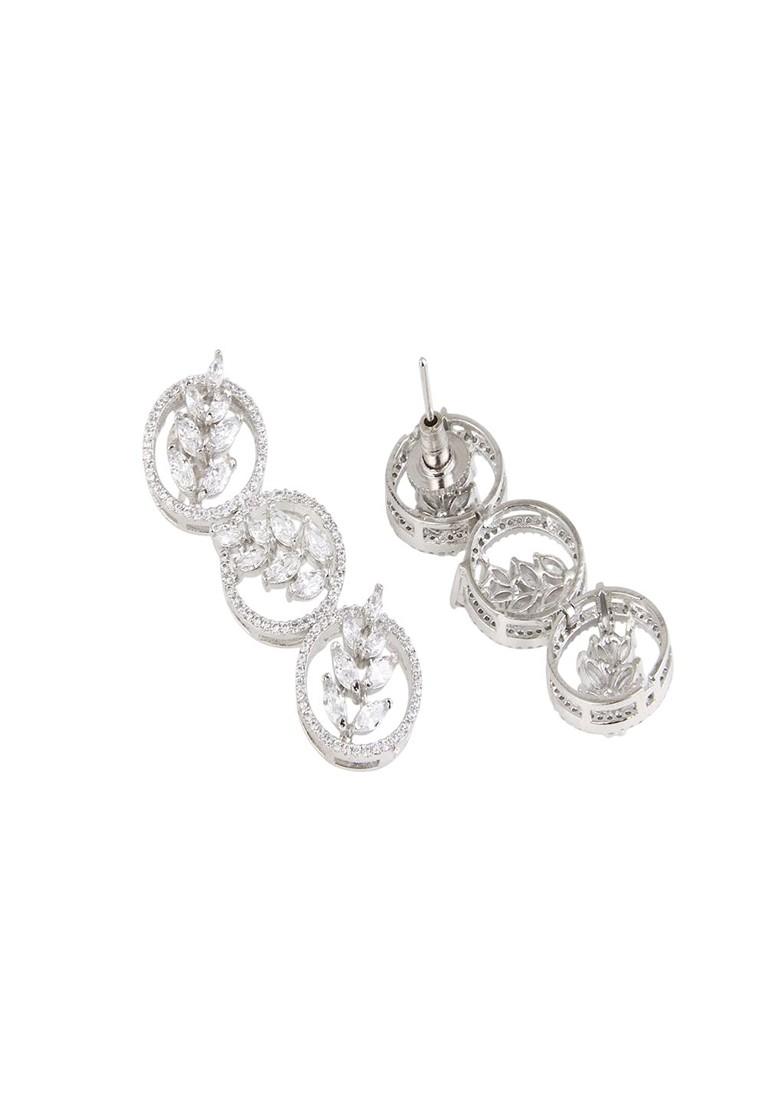 Silver Rhodium Plated Rhodium Plated Artificial Stones Studded Circular Shaped Drop Earrings