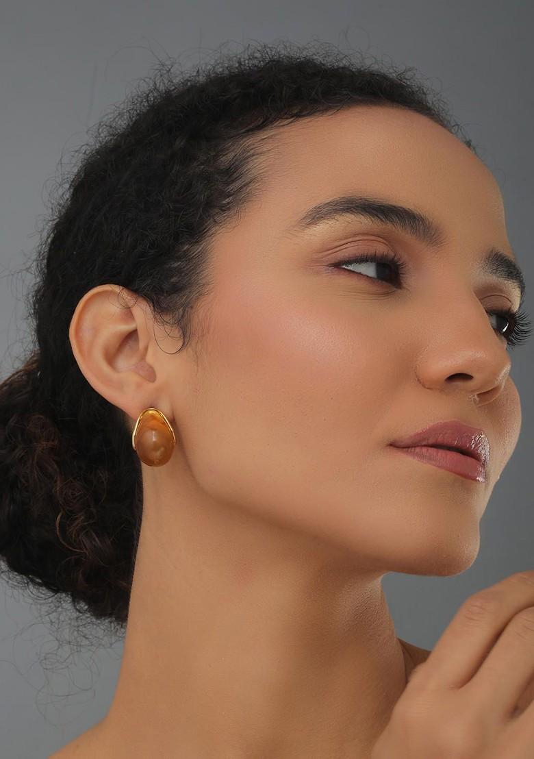 Tan Brown Contemporary Teardrop Shaped Studs Earrings