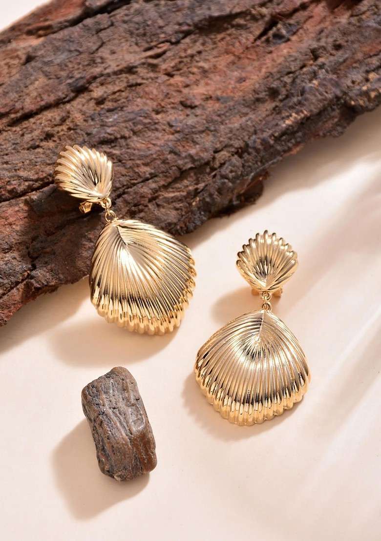 Gold Contemporary Feather Shaped Drop Earrings - Indya