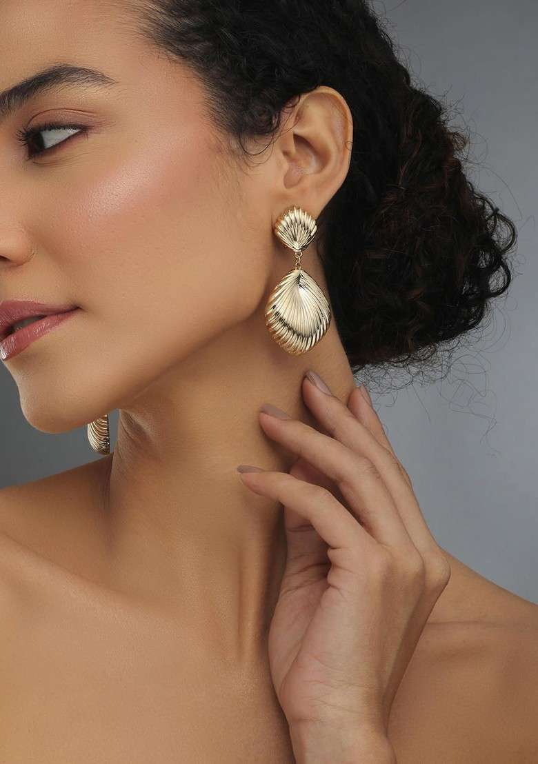 Gold Contemporary Feather Shaped Drop Earrings - Indya
