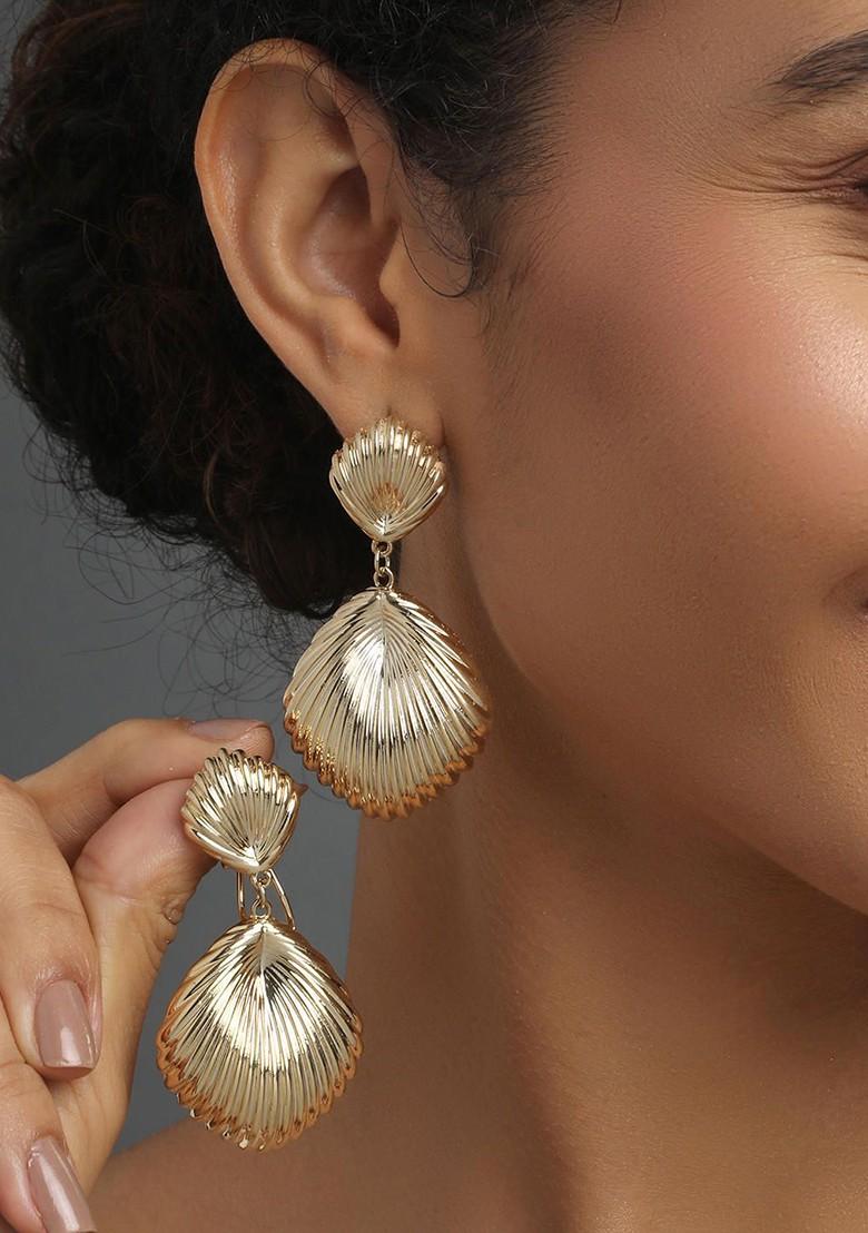 Gold Contemporary Feather Shaped Drop Earrings
