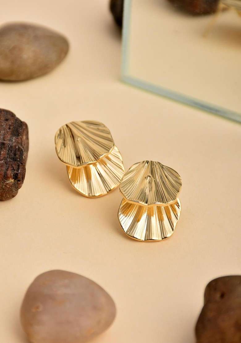 Gold Contemporary Feather Shaped Studs Earrings - Indya