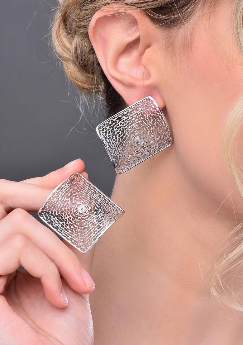 Silver Contemporary Square Studs Earrings