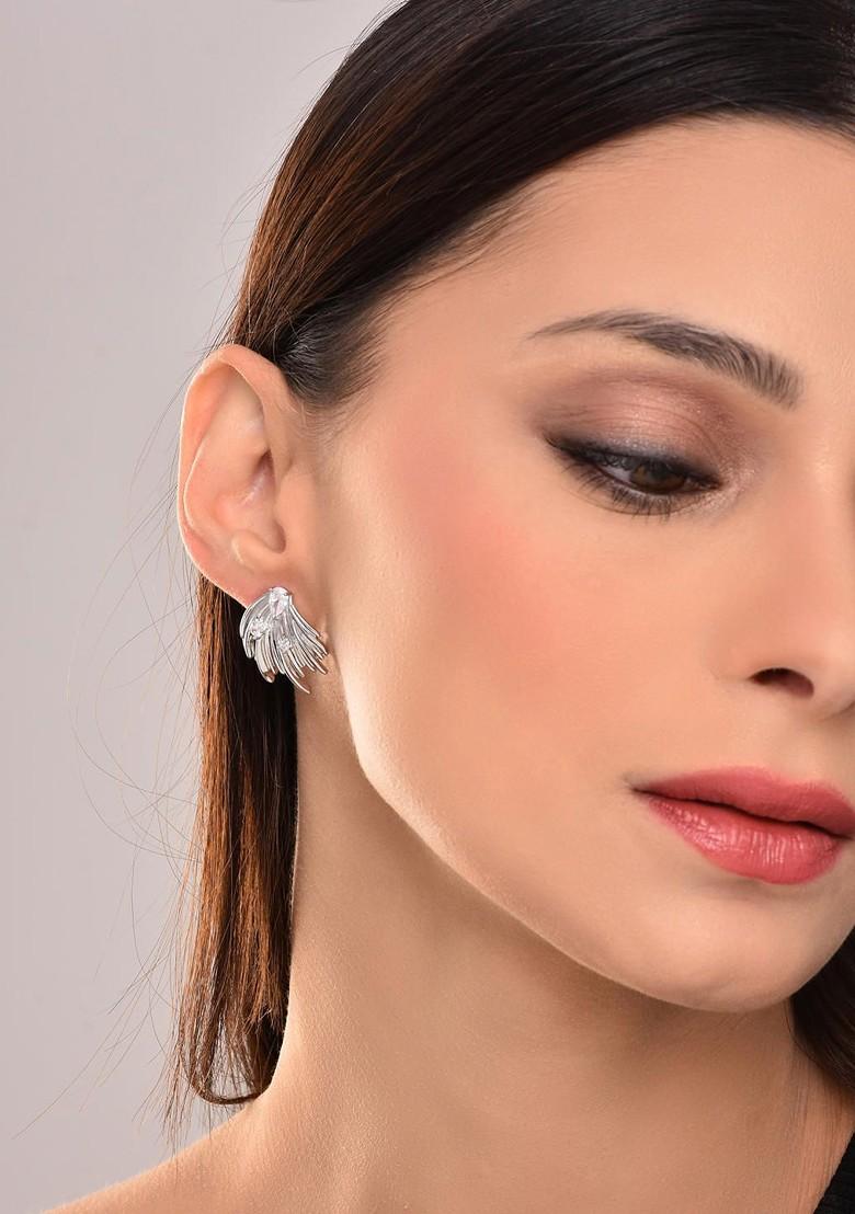 Silver Contemporary Feather Shaped Studs Earrings