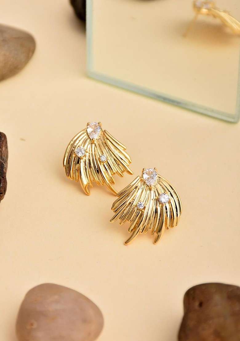 Gold Contemporary Feather Shaped Studs Earrings - Indya