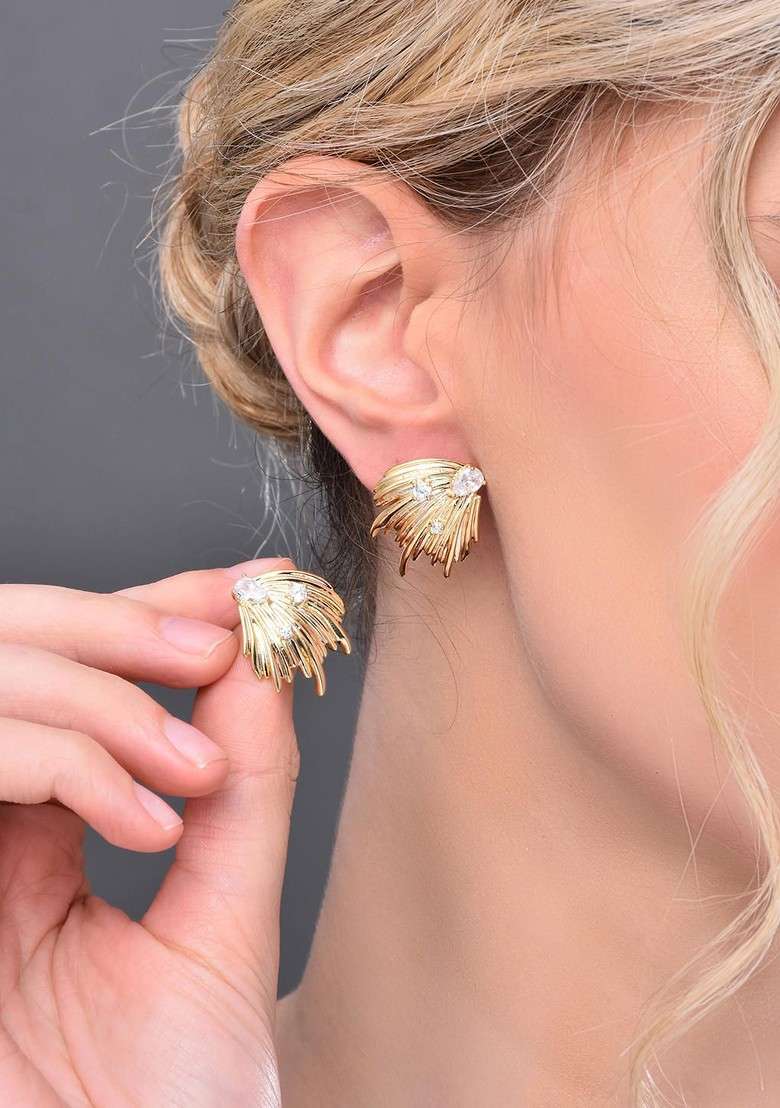 Gold Contemporary Feather Shaped Studs Earrings - Indya