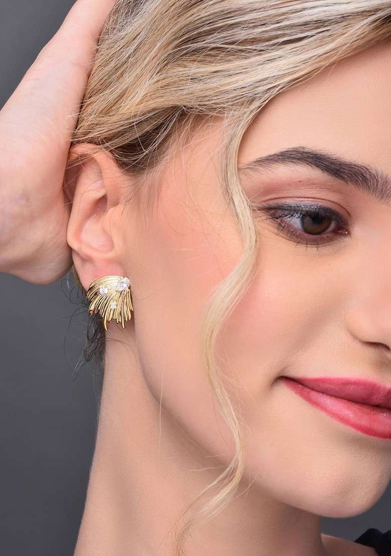 Gold Contemporary Feather Shaped Studs Earrings - Indya
