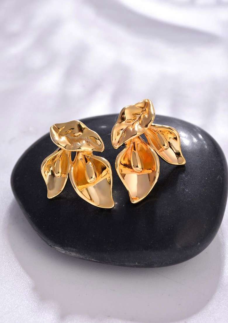 Gold Contemporary Feather Shaped Studs Earrings - Indya