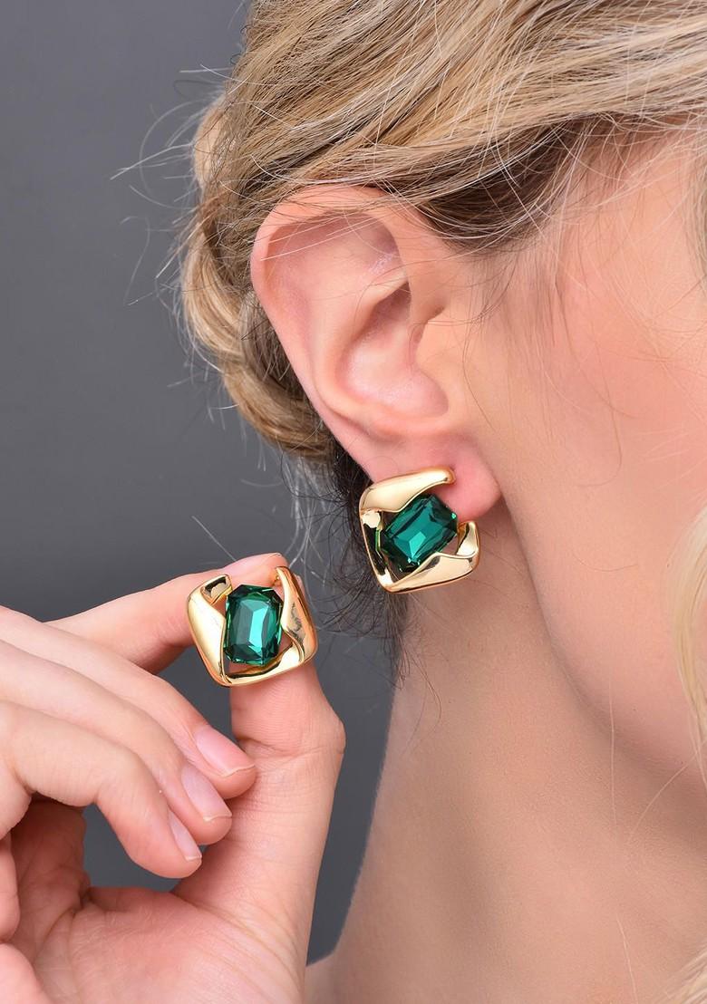 Green Contemporary Square Studs Earrings